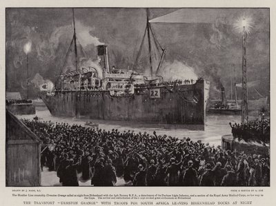 The Transport Urmston Grange with Troops for South Africa leaving Birkenhead Docks at Night by Joseph Nash